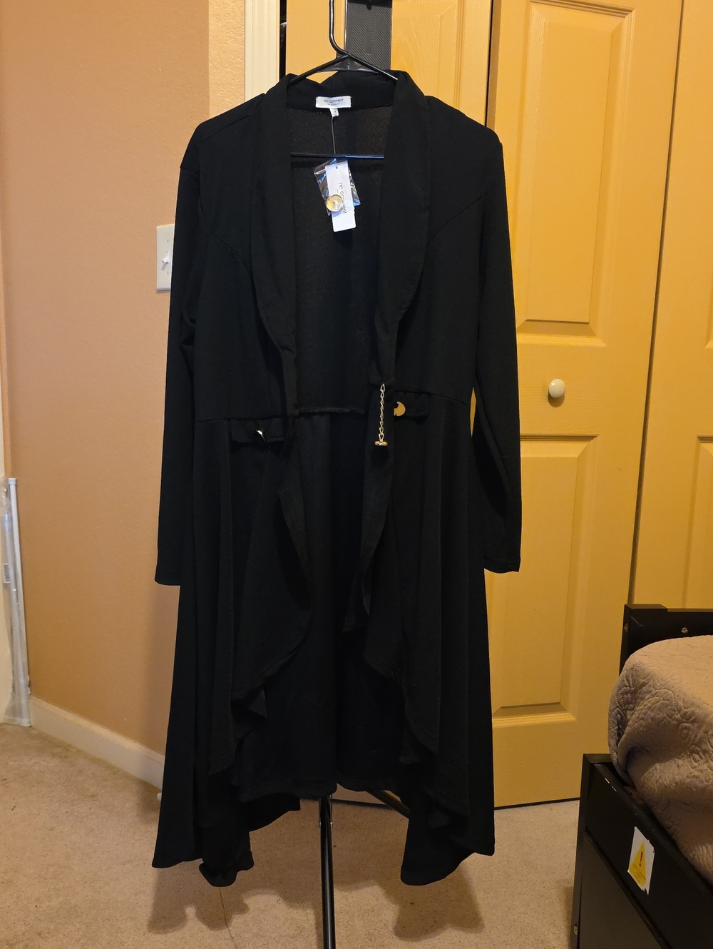 No Comment Plus Black Draped Open-Front Cardigan with Gold Accent